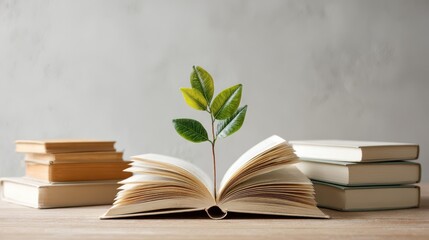 Fototapeta premium Green plant seedling growing from an open book on wooden table representing growth through education