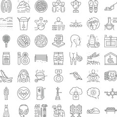Fototapeta premium Collection of conceptual line art icons illustrating a wide range of themes including health, nature, technology, food, logistics, and everyday objects, ideal for modern design