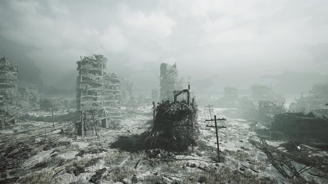 drone survey view over extensive ruined expanse, aerial grid and telemetry perspective capturing pattern of collapsed towers and debris fields technical