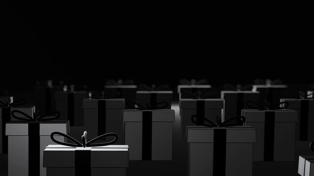 Rows of black gifts with surprise colourful gift box black background