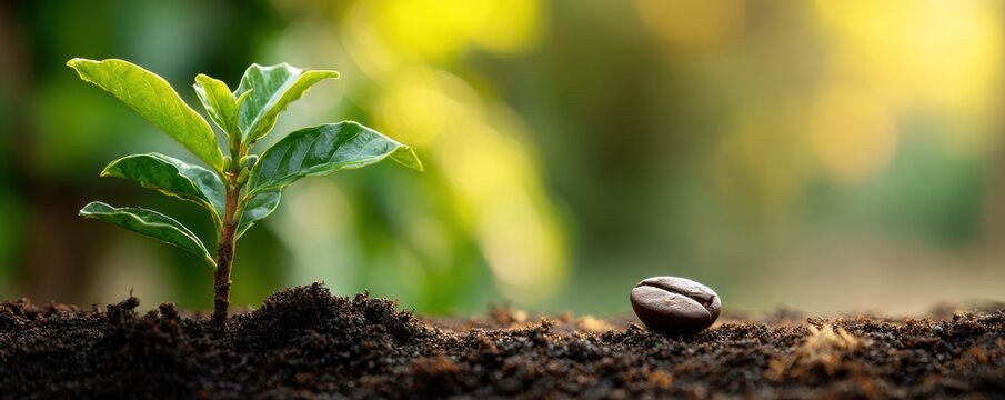 Young coffee plant seedling and roasted coffee bean on fertile soil, growth concept