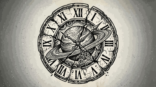 Broken clock with planet and roman numerals on face