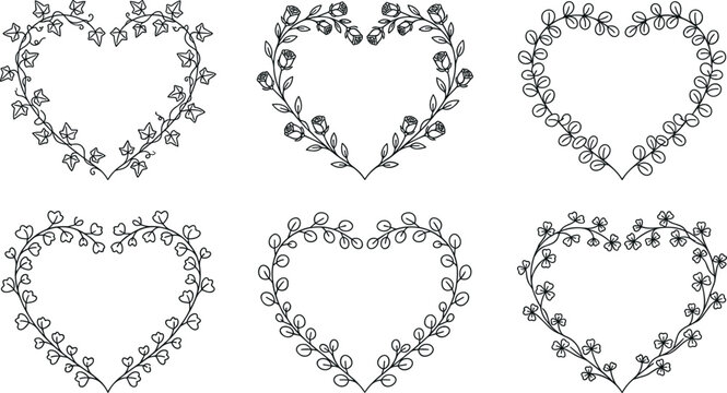 Floral heart wreath vector illustration set featuring romantic black line art botanical frames with ivy leaves rose buds and vines isolated on white background.