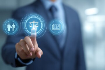 Fototapeta premium Business lawyer or legal professional touching digital interface with scales of justice and law icons