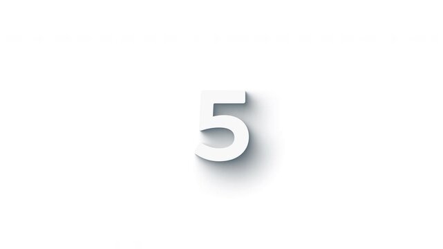 Animated white countdown timer from 10 to 0 seconds with a decent shadow on a white background. Minimal flat design, high-quality 4K video