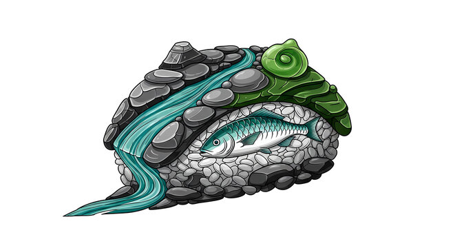 Biomorphic Surrealism Style. a piece of nigiri with rice grains like pebbles and fish as a flowing river, in a palette of mineral grey, jadeite green, quartz white