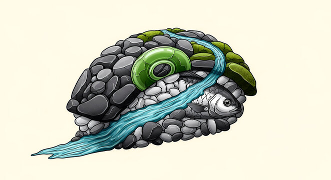 Biomorphic Surrealism Style. a piece of nigiri with rice grains like pebbles and fish as a flowing river, in a palette of mineral grey, jadeite green, quartz white