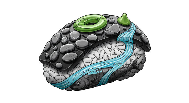 Biomorphic Surrealism Style. a piece of nigiri with rice grains like pebbles and fish as a flowing river, in a palette of mineral grey, jadeite green, quartz white