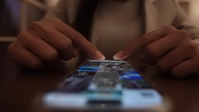 woman using smartphone, browsing through pictures on social network. Close-up Macro. Finger scrolling social media app feed, information search.