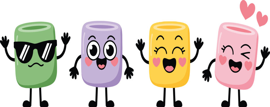 Four cartoon marshmallow characters with expressions and limbs vector illustration