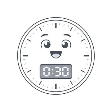 Cute flat vector clock illustration with smiling face and time display.