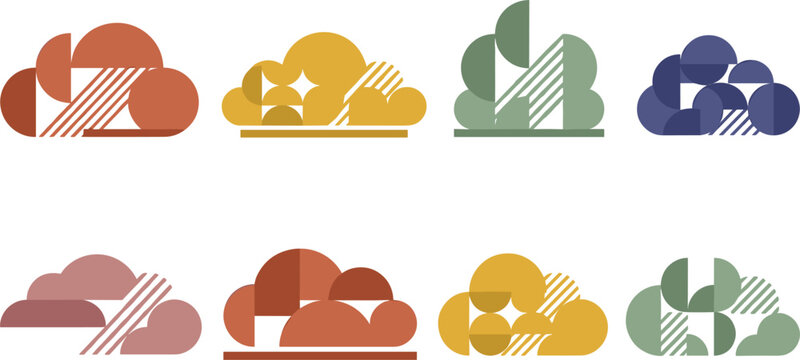 Abstract geometric cloud vector illustration set featuring colorful modern art style weather icons with creative patterns isolated on a white background.