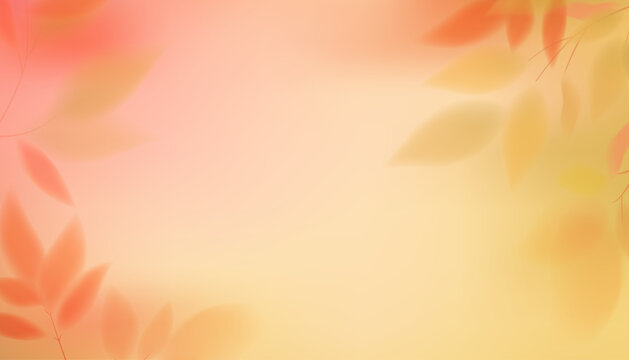 Blurred autumn leaves on abstract orange yellow gradient background, soft pastel gradient mesh texture, yellow orange autumn illustration, minimalist warm background for poster and banner