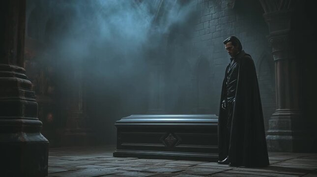 Gothic vampire in dark castle with coffin and smoke