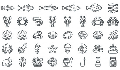 Modern Seafood Line Icon Bundle with Pixel Perfect Editable Strokes © Md