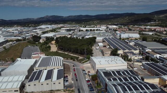 Solar panels on the roofs of factories in the l'Alfa&ccedil; industrial park in Ibi, Spain.