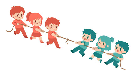 Fototapeta premium Cartoon children playing tug of war with rope