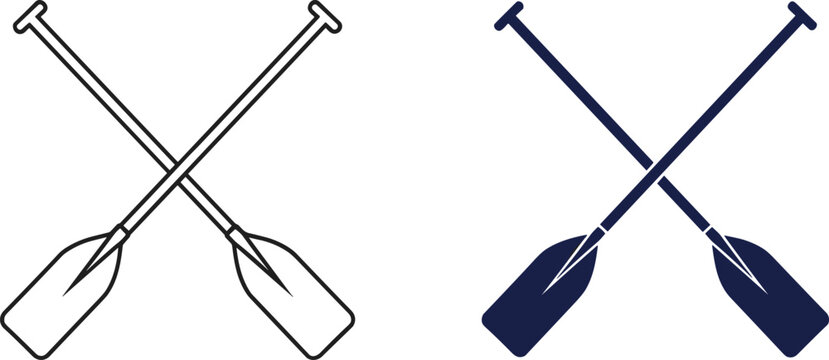 WebCrossed boat oars vector icon set, line art and dark blue silhouette illustration of rowing paddles for water sports isolated on white background