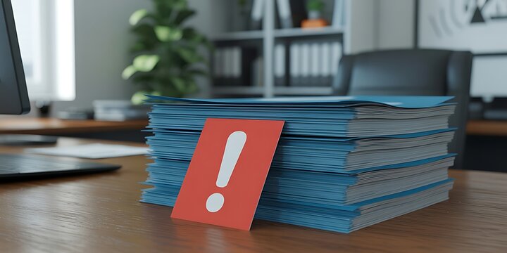A large stack of blue papers with a red exclamation mark on a wooden office desk