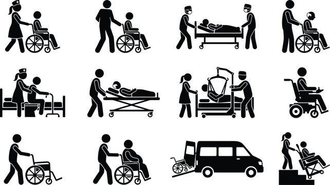 Set of medical and patient transport stick figure icons.