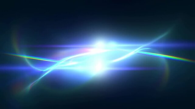 Slow motion abstract light streaks flowing and intersecting over dark background with central lens flare studio light effect