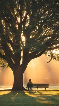 A person sits alone on a bench under a large tree in a park at sunrise