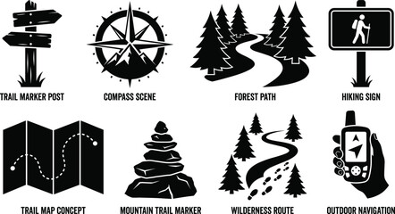 Hiking and outdoor navigation silhouette bundle featuring trail markers compass forest paths maps and signs for wilderness adventure crafting © Designer Arif