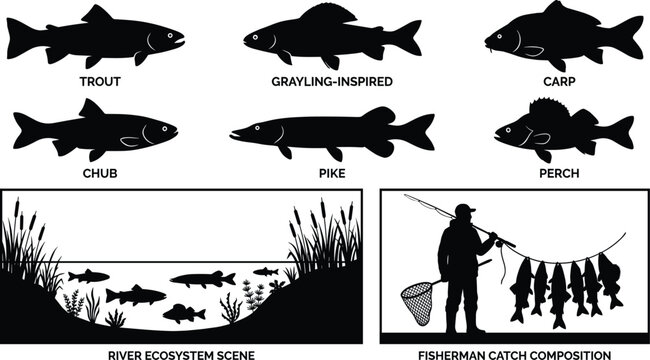 Collection of solid black freshwater fish silhouettes featuring trout, carp, pike, fisherman, and river ecosystem clean line art vectors