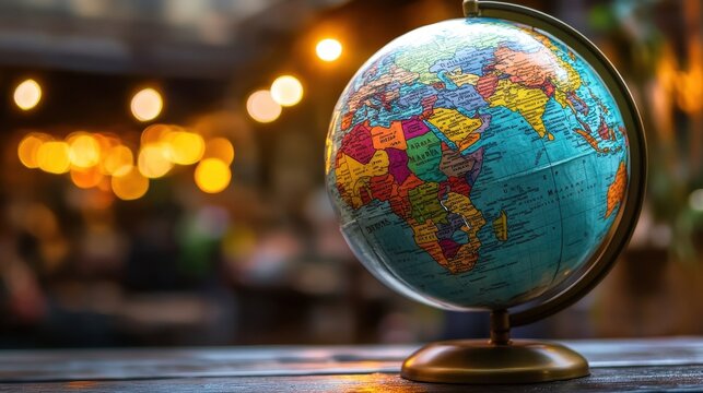 A colorful globe showing detailed map of world on a table