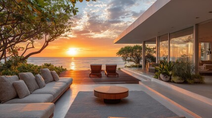Obraz premium Luxury Modern Beach House Patio at Sunset with Ocean View