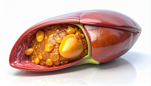 Gallbladder model presents a textured, organic surface with golden stones resting inside a smooth, reddish-brown casing.