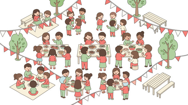 children picnic party illustration with bunting flags and benches