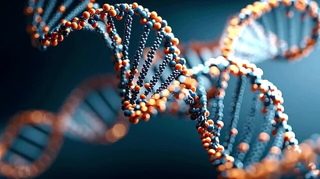 Close up view of a dna double helix rotating slowly against a dark background, illustrating concepts in genetics, molecular biology, and scientific medical research with a shallow depth of field