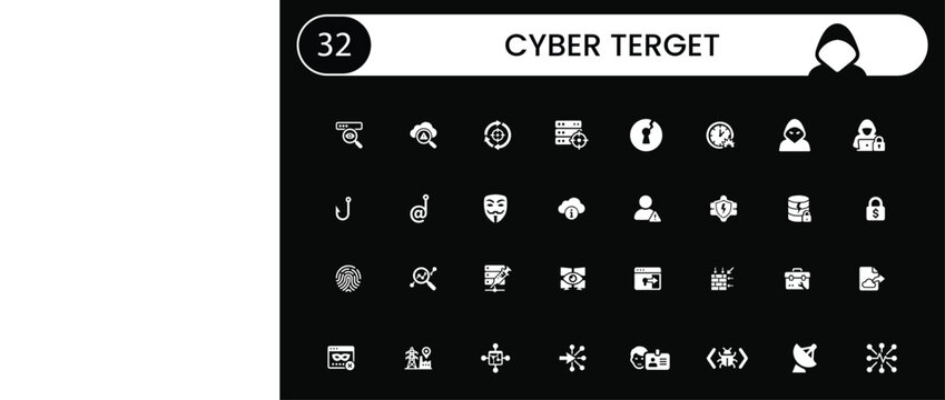 Set of 32 cyber security, hacking, and data protection icons