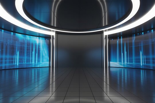 Empty modern futuristic interior corridor with large glowing blue digital screens and sleek reflective floor