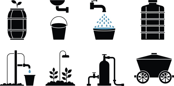 Water harvesting and irrigation silhouette icons set with tank, pump, faucet, shower, and filtration system