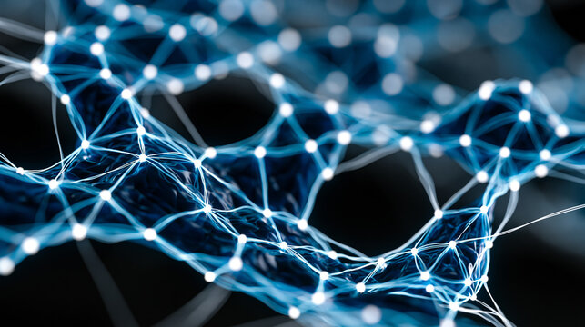 Abstract network diagram floating node clusters connected by luminous filament threads across midnight substrate, mesh topology visualization, graph theory concept rendered in cool neon traces, hier