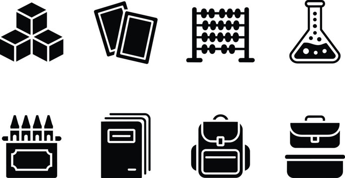Education and learning supplies icons set including backpack, books, crayons, abacus, and flask and school in solid style