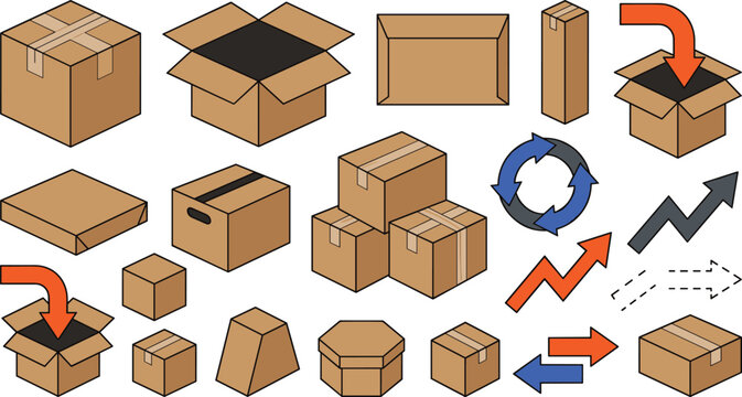Isometric Cardboard Box Vector Set with Open Closed Packed Packages Logistics Arrows and Return Symbols for Shipping and Delivery Services Designs