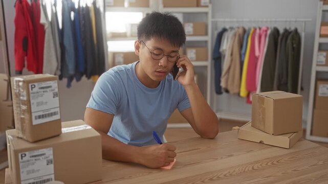 Man on smartphone writes note with hand amid stacked shipping boxes and clothing racks in a packing building; focused small business.