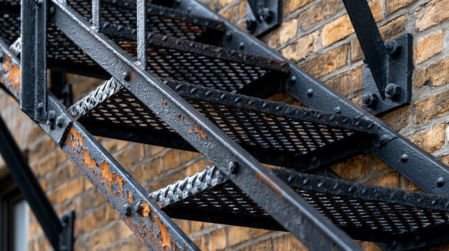 Cast iron fire escape staircase grid pattern against brick facade, riveted angle-iron stringers and perforated tread plate, bolted wall anchor brackets repeating up elevation, paint flaking to expos