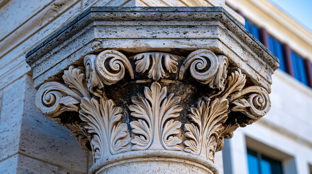 Column capital Corinthian carved limestone close detail, acanthus leaf volutes undercutting deep into stone, abacus moulding above echinus, centuries of atmospheric soiling darkening concave recesse