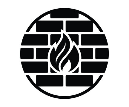 Black flame icon on brick wall background in circle
