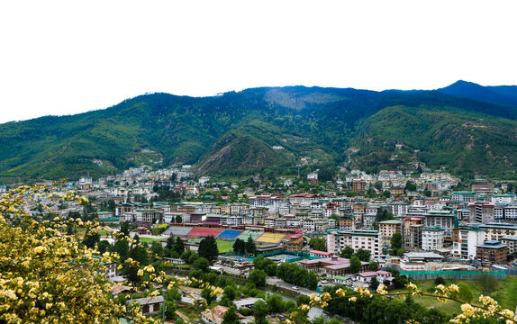 Aerial View of Thimphu City Blending with Himalayan Mountain Range