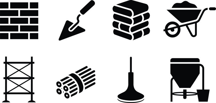 Construction and building tools icons set brick wall, trowel, bricks, wheelbarrow, scaffold, pipes, funnel, cement mixer in outline and solid styles