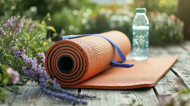 Warm and inviting wellness setup with an orange yoga mat rolled on rustic wood, accented by delicate lavender and a refreshing water bottle.