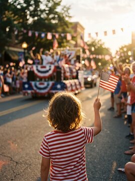 Fourth of july parade with child holding american flag in patriotic celebration