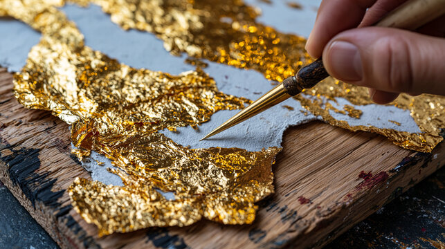 Genuine 23-karat gold leaf sheet draped mid-application across gessoed wooden panel, gilder's tip brush nearby, irregular torn leaf edge catching specular highlights against matte bole ground in con