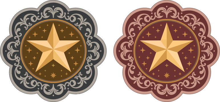 Sheriff, star badge and belt buckle set, Texas five point star designs with wild west rodeo motifs for western emblems law enforcement and vintage branding.