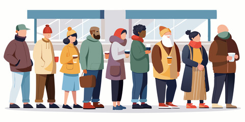 Fototapeta premium A diverse group of customers in baggy winter attire, waiting in line at a cozy coffee shop inside a shopping mall.